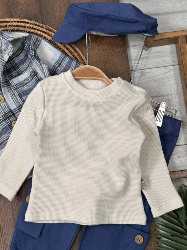 Oduncu Gömlek Şapkalı Waffle  Badili Kanvars Kargo Pantolonlu 4lü Erkek Bebek/Çocuk Takım