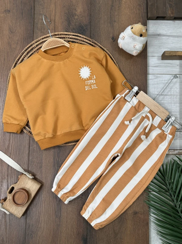 Çizgili Nakışlı Omuzdan Çıtçıtlı 2li Erkek Bebek/Çocuk Takım