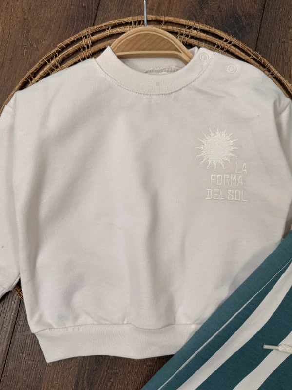 Çizgili Nakışlı Omuzdan Çıtçıtlı 2li Erkek Bebek/Çocuk Takım