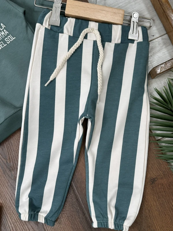 Çizgili Nakışlı Omuzdan Çıtçıtlı 2li Erkek Bebek/Çocuk Takım