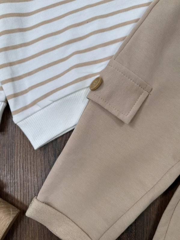 Safari Şapkalı Nakışlı Şeritli Sweatshirt Salopet Erkek Bebek Takım