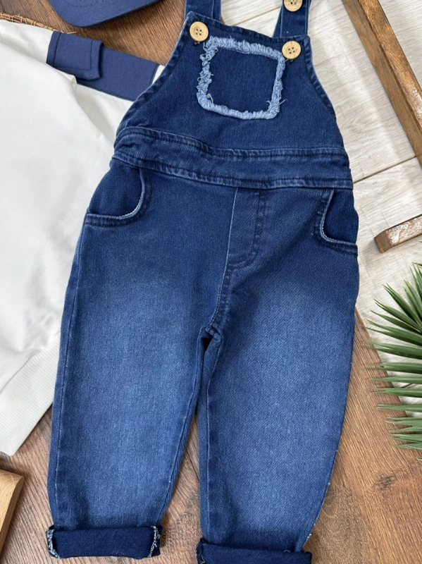 Salopet Şapkalı Cep Detaylı Likralı Kot Salopet Erkek Bebek Takım