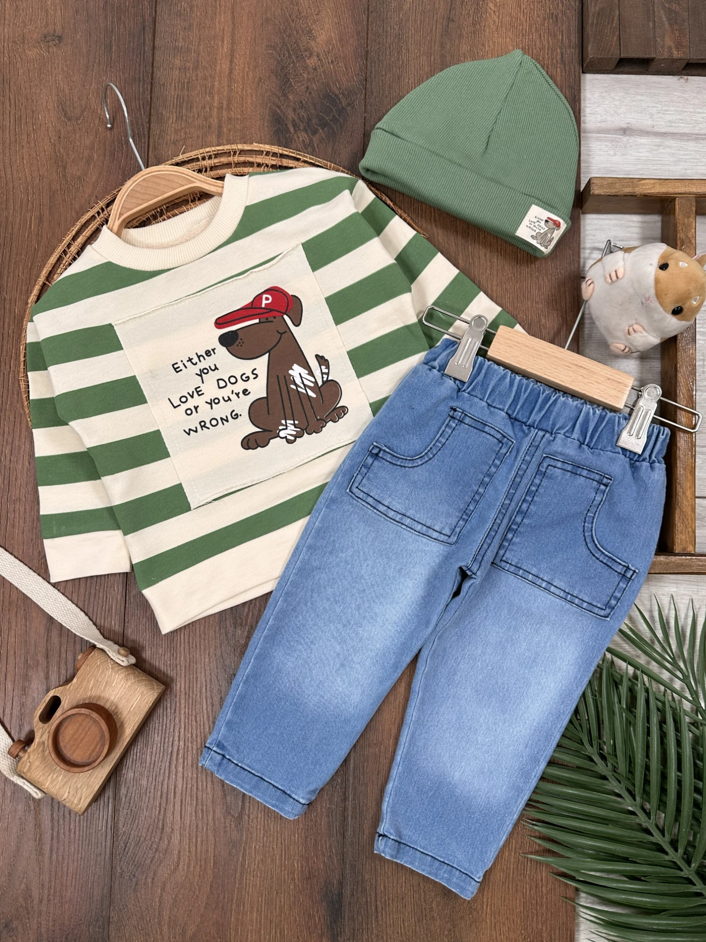 Sevimli Köpek Baskılı Şeritli Bereli Likralı Kot Erkek Bebek Takım