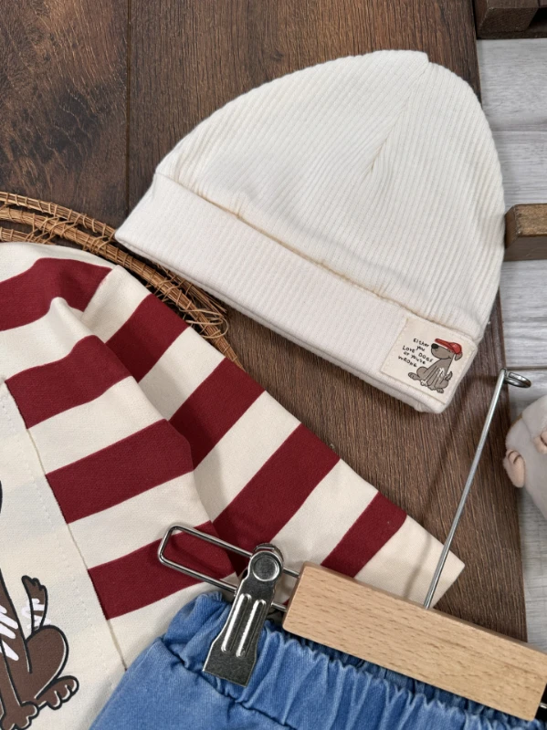 Sevimli Köpek Baskılı Şeritli Bereli Likralı Kot Erkek Bebek Takım