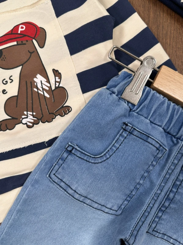 Sevimli Köpek Baskılı Şeritli Bereli Likralı Kot Erkek Bebek Takım