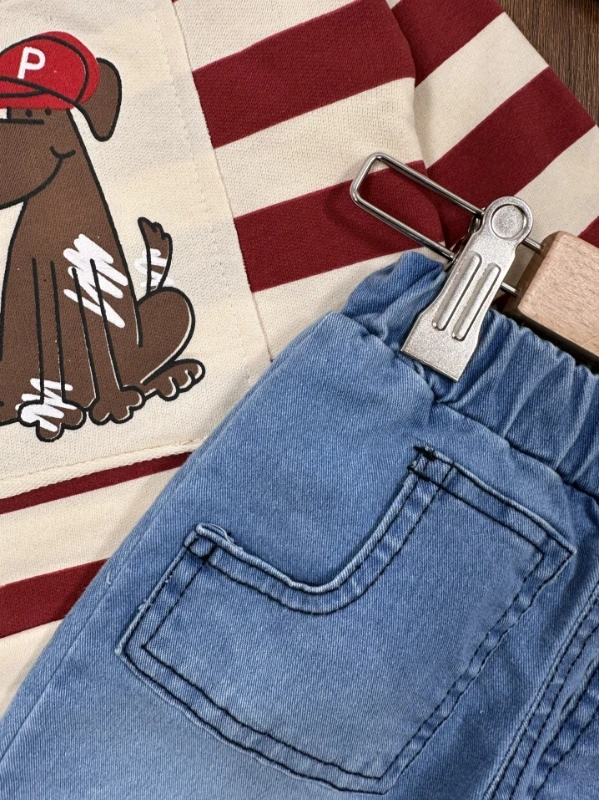 Sevimli Köpek Baskılı Şeritli Bereli Likralı Kot Erkek Bebek Takım