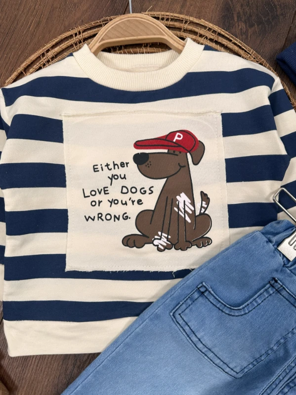 Sevimli Köpek Baskılı Şeritli Bereli Likralı Kot Erkek Bebek Takım
