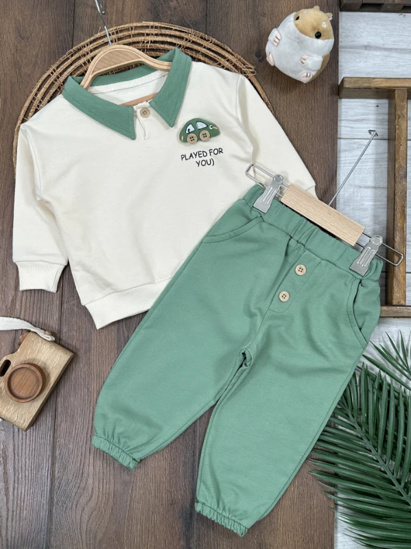 Polo Yaka Araba Oyuncaklı Oversize Geniş Kalıp 2li Erkek Bebek/Çocuk Takım
