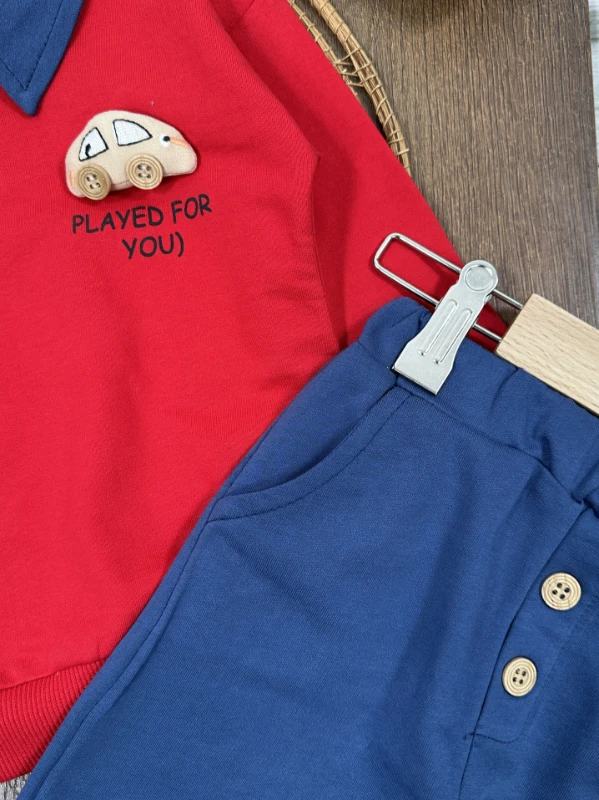 Polo Yaka Araba Oyuncaklı Oversize Geniş Kalıp 2li Erkek Bebek/Çocuk Takım