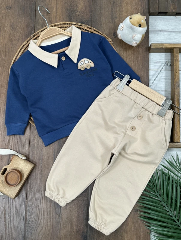 Polo Yaka Araba Oyuncaklı Oversize Geniş Kalıp 2li Erkek Bebek/Çocuk Takım