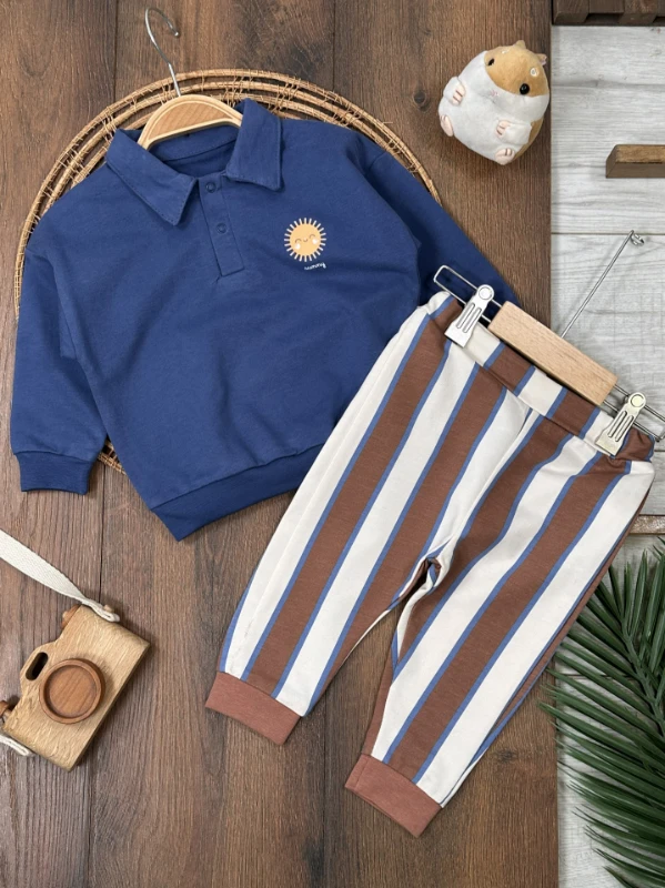 Polo Yaka Güneş Baskılı Çizgili Omuzdan Çıtçıtlı 2li Erkek Bebek Takım
