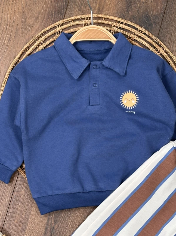 Polo Yaka Güneş Baskılı Çizgili Omuzdan Çıtçıtlı 2li Erkek Bebek Takım