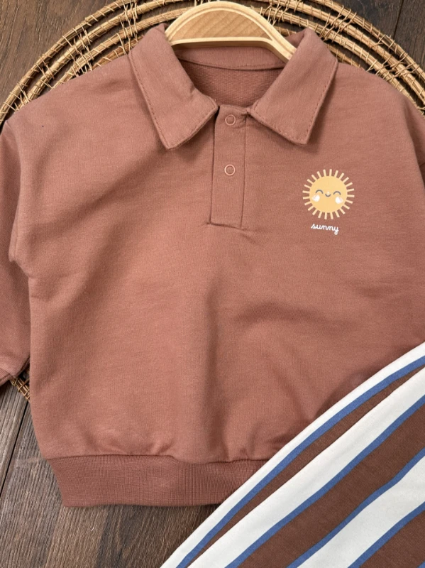Polo Yaka Güneş Baskılı Çizgili Omuzdan Çıtçıtlı 2li Erkek Bebek Takım