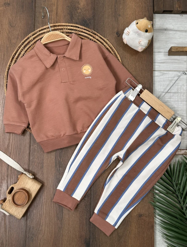 Polo Yaka Güneş Baskılı Çizgili Omuzdan Çıtçıtlı 2li Erkek Bebek Takım