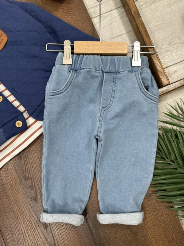 Kapitone Mont Şeritli Badi Likralı Kot Pantolon 3lü Erkek Bebek/Çocuk Takım