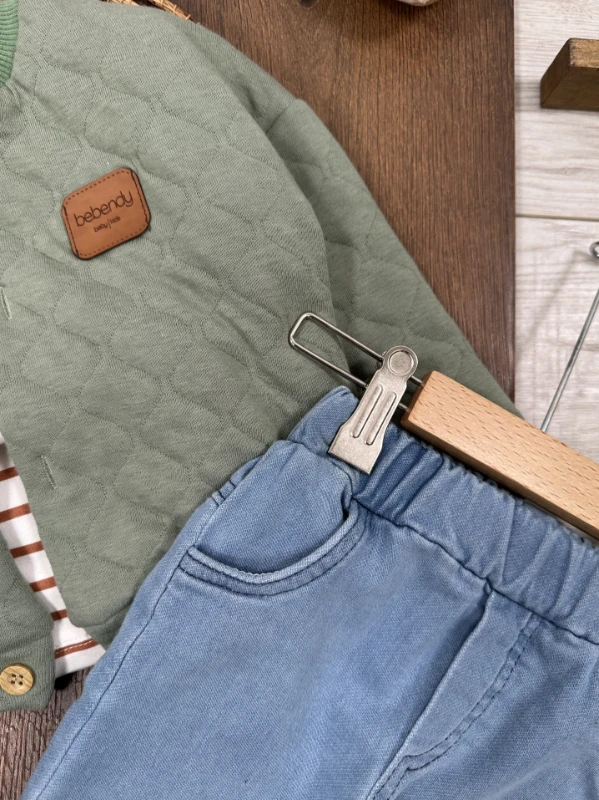 Kapitone Mont Şeritli Badi Likralı Kot Pantolon 3lü Erkek Bebek/Çocuk Takım