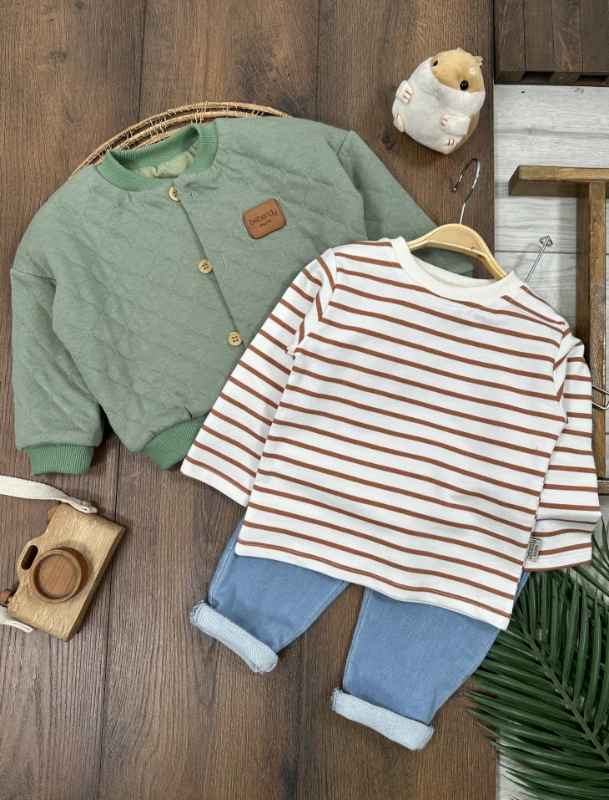 Kapitone Mont Şeritli Badi Likralı Kot Pantolon 3lü Erkek Bebek/Çocuk Takım