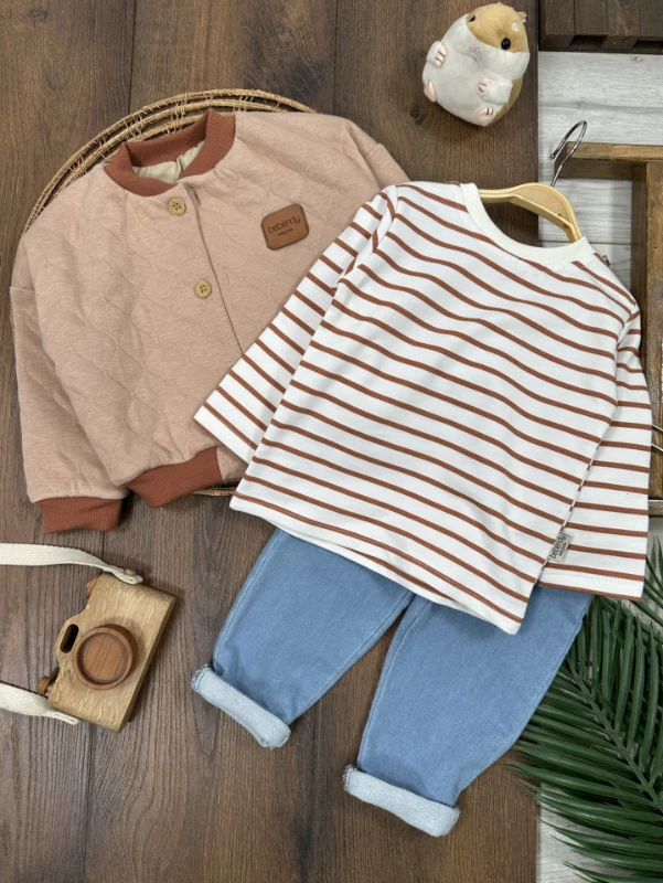 Kapitone Mont Şeritli Badi Likralı Kot Pantolon 3lü Erkek Bebek/Çocuk Takım