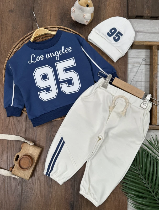 95 Baskılı Nakışlı Bereli Geniş Kalıp 3lü Erkek Bebek/Çocuk Takım