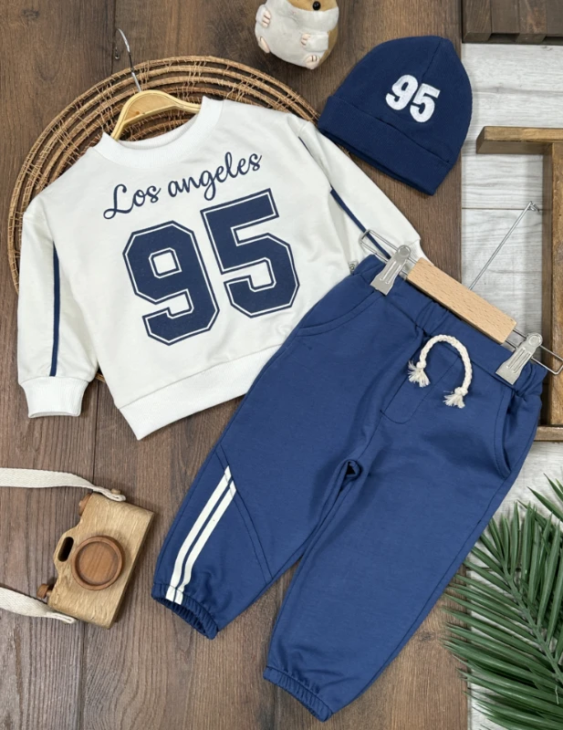 95 Baskılı Nakışlı Bereli Geniş Kalıp 3lü Erkek Bebek/Çocuk Takım