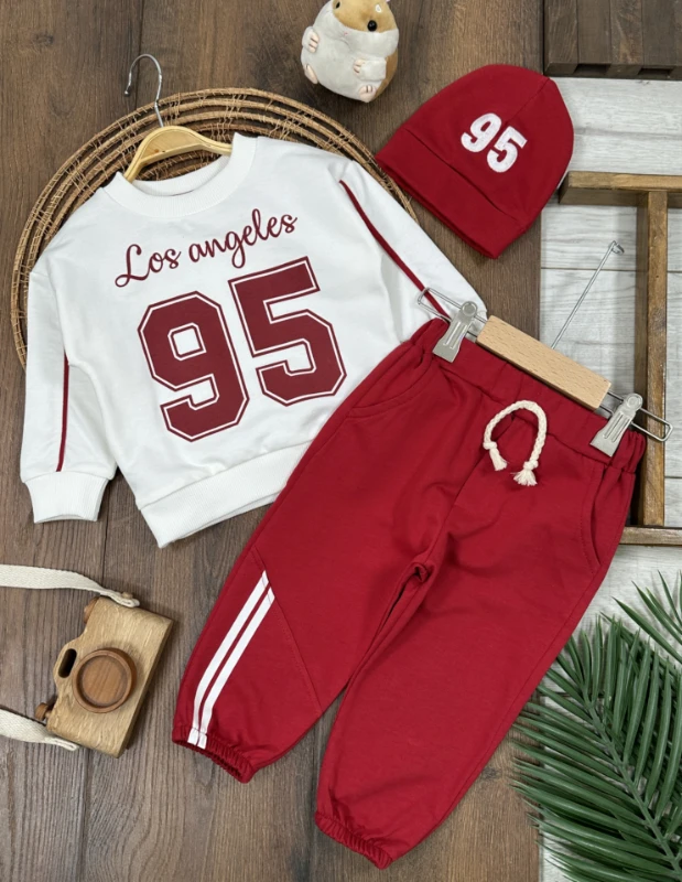 95 Baskılı Nakışlı Bereli Geniş Kalıp 3lü Erkek Bebek/Çocuk Takım