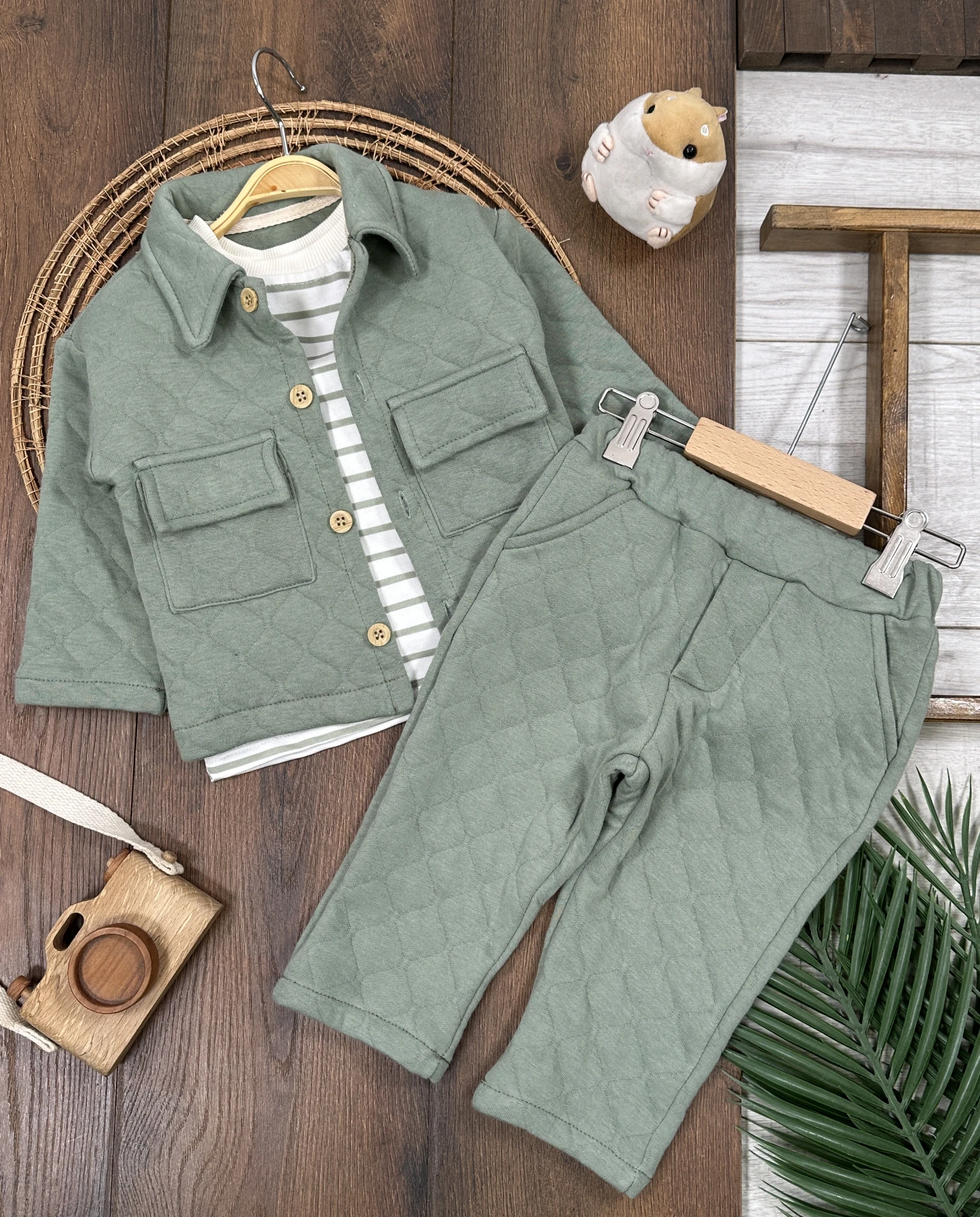 Kapitone Safari Model Şeritli Badi 3lü Erkek Bebek/Çocuk Takım