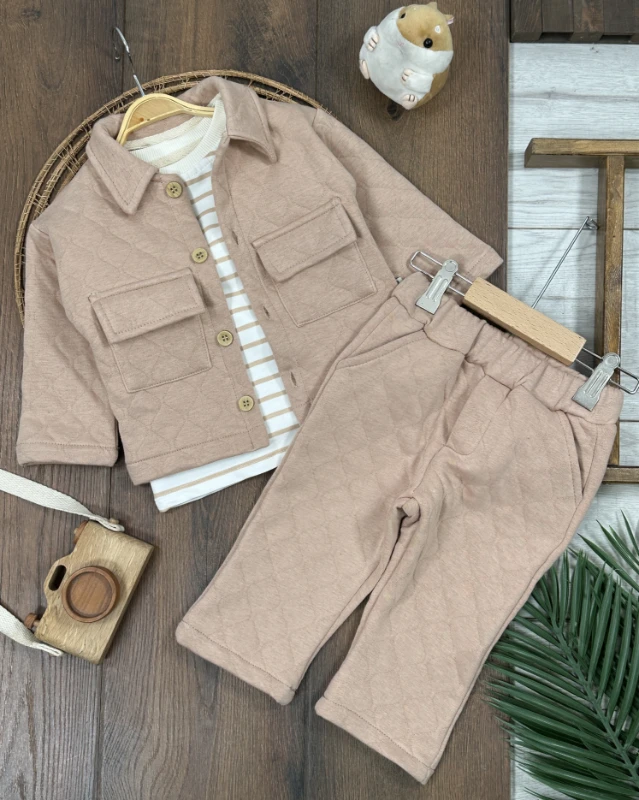 Kapitone Safari Model Şeritli Badi 3lü Erkek Bebek/Çocuk Takım