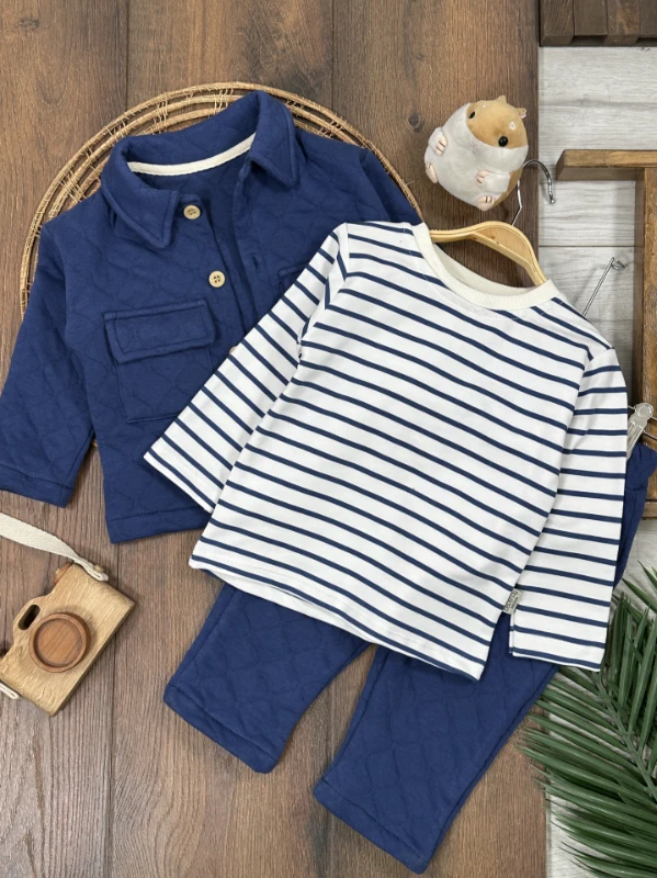 Kapitone Safari Model Şeritli Badi 3lü Erkek Bebek/Çocuk Takım