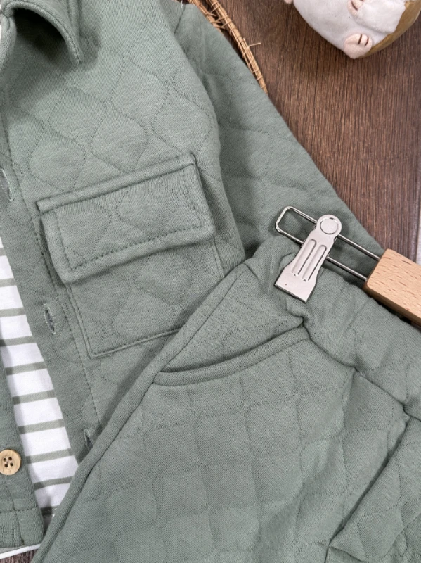 Kapitone Safari Model Şeritli Badi 3lü Erkek Bebek/Çocuk Takım