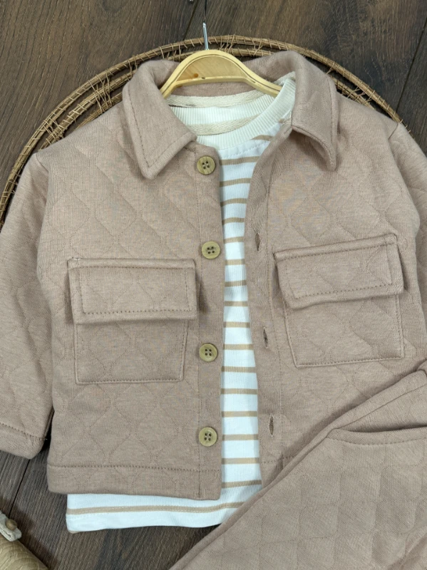 Kapitone Safari Model Şeritli Badi 3lü Erkek Bebek/Çocuk Takım