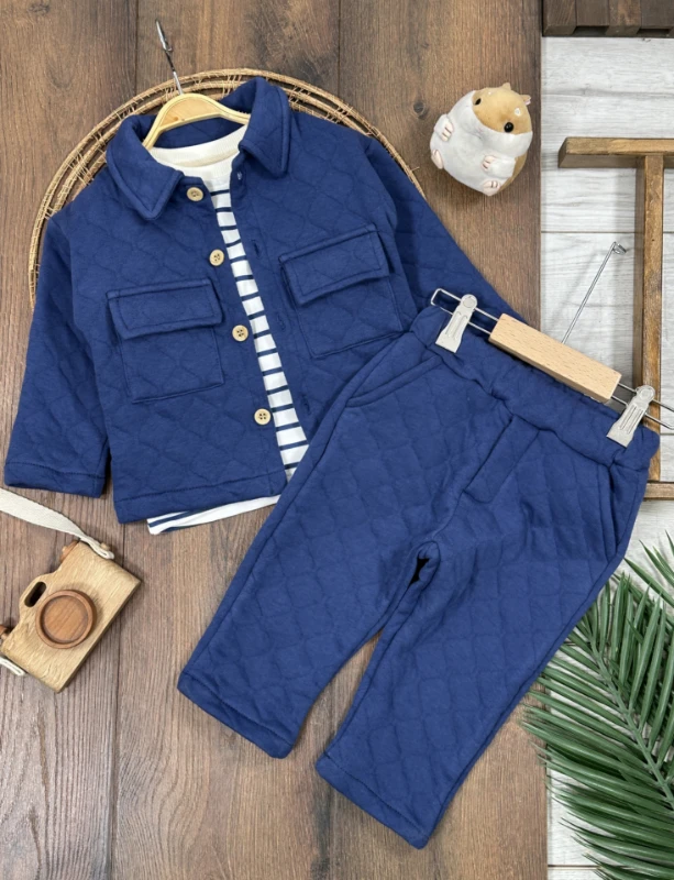 Kapitone Safari Model Şeritli Badi 3lü Erkek Bebek/Çocuk Takım