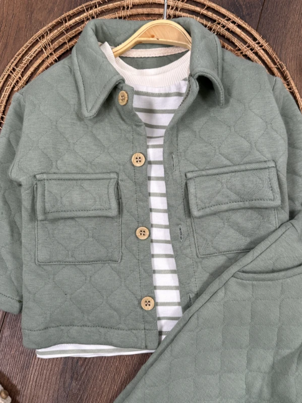 Kapitone Safari Model Şeritli Badi 3lü Erkek Bebek/Çocuk Takım