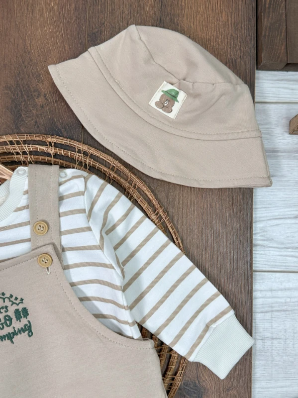 Safari Şapkalı Şeritli Sweatshirt Salopet Erkek Bebek Takım