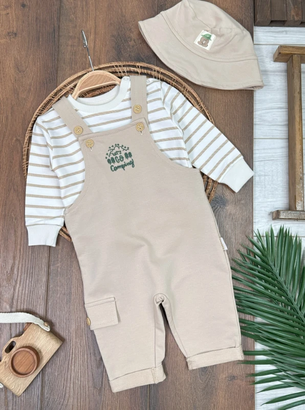 Safari Şapkalı Şeritli Sweatshirt Salopet Erkek Bebek Takım