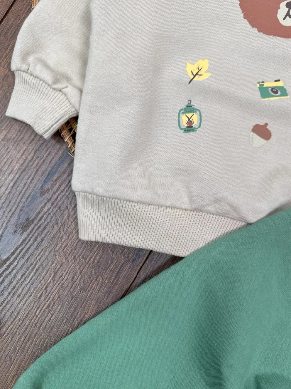 Kampçı Ayıcık Baskılı Safari Şapkalı 3lü Erkek Bebek Takım