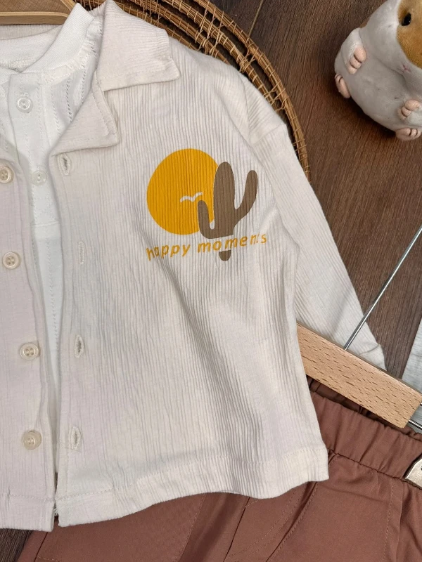 Kaktüs Bakılı Gömlek Badili Keten Pantolonlu 3lü Erkek Bebek Takım