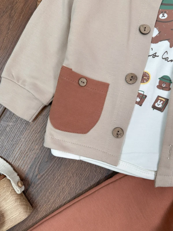 Kampçı Ayıcık Baskılı Cep Detaylı Nakışlı Önden Düğmeli 3lü Erkek Bebek Takım