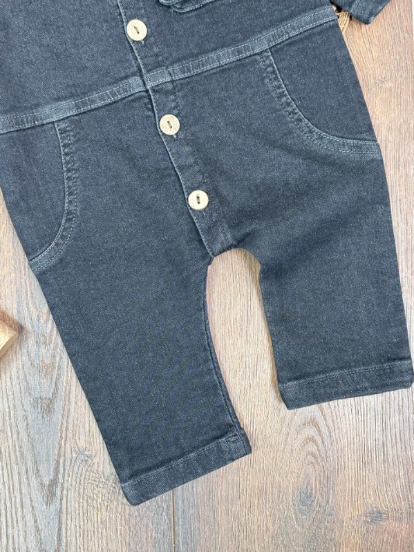Premium Kalite Yumuşak Doku Önden Düğmeli Esnek Geniş Kalıp Unisex Örme Kot Bebek Tulum