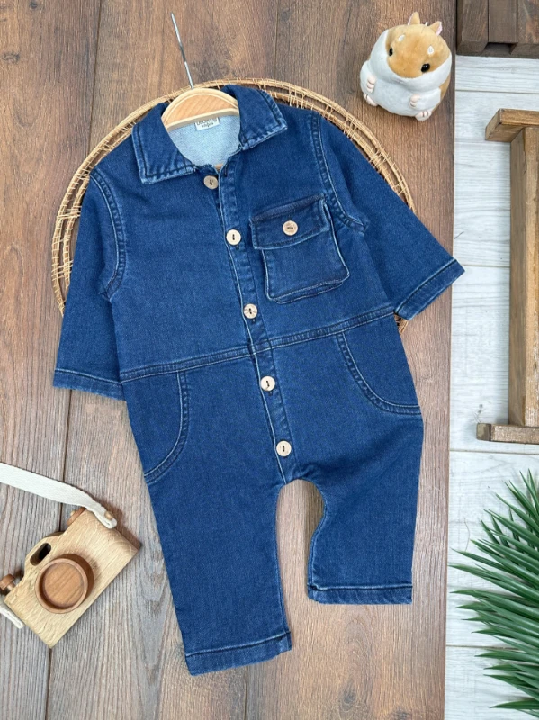 Premium Kalite Yumuşak Doku Önden Düğmeli Esnek Geniş Kalıp Unisex Örme Kot Bebek Tulum