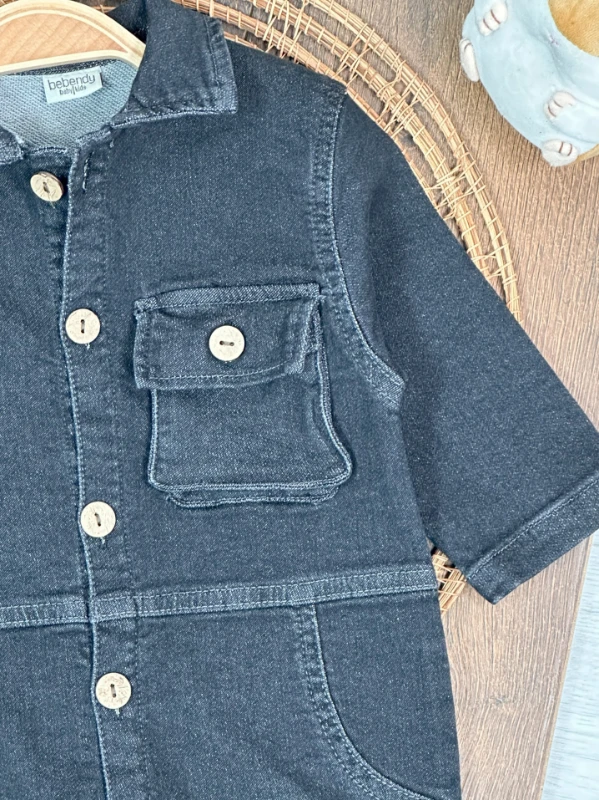 Premium Kalite Yumuşak Doku Önden Düğmeli Esnek Geniş Kalıp Unisex Örme Kot Bebek Tulum