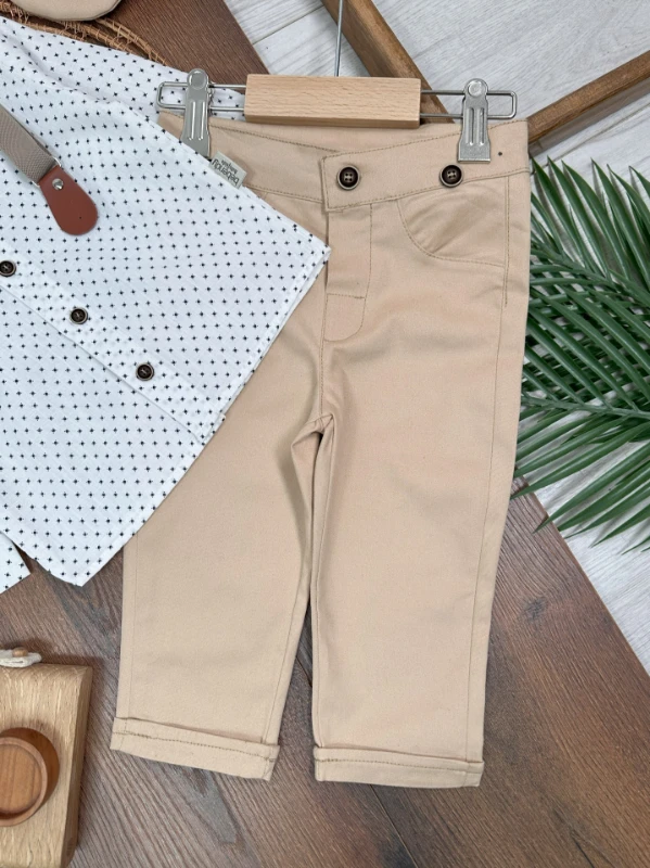 Askı Kemerli Şapkalı Papyonlu Likralı Gabardin Pantolon Keten Gömlek 5li Erkek Bebek Takım