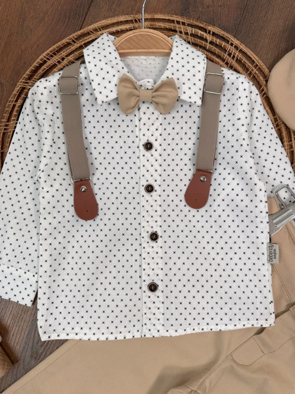 Askı Kemerli Şapkalı Papyonlu Likralı Gabardin Pantolon Keten Gömlek 5li Erkek Bebek Takım
