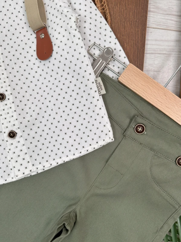 Askı Kemerli Şapkalı Papyonlu Likralı Gabardin Pantolon Keten Gömlek 5li Erkek Bebek Takım
