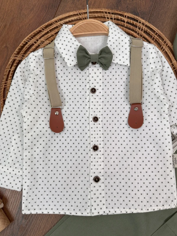 Askı Kemerli Şapkalı Papyonlu Likralı Gabardin Pantolon Keten Gömlek 5li Erkek Bebek Takım