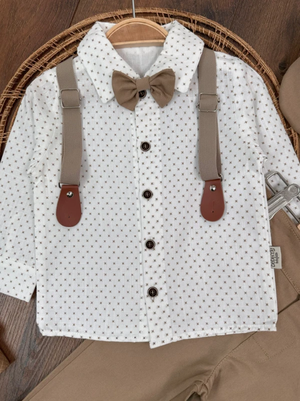 Askı Kemerli Şapkalı Papyonlu Likralı Gabardin Pantolon Keten Gömlek 5li Erkek Bebek Takım