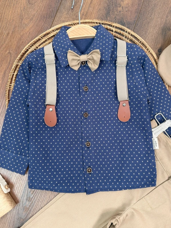 Askı Kemerli Şapkalı Papyonlu Likralı Gabardin Pantolon Keten Gömlek 5li Erkek Bebek Takım