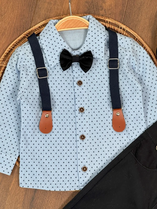 Askı Kemerli Şapkalı Papyonlu Likralı Gabardin Pantolon Keten Gömlek 5li Erkek Bebek Takım