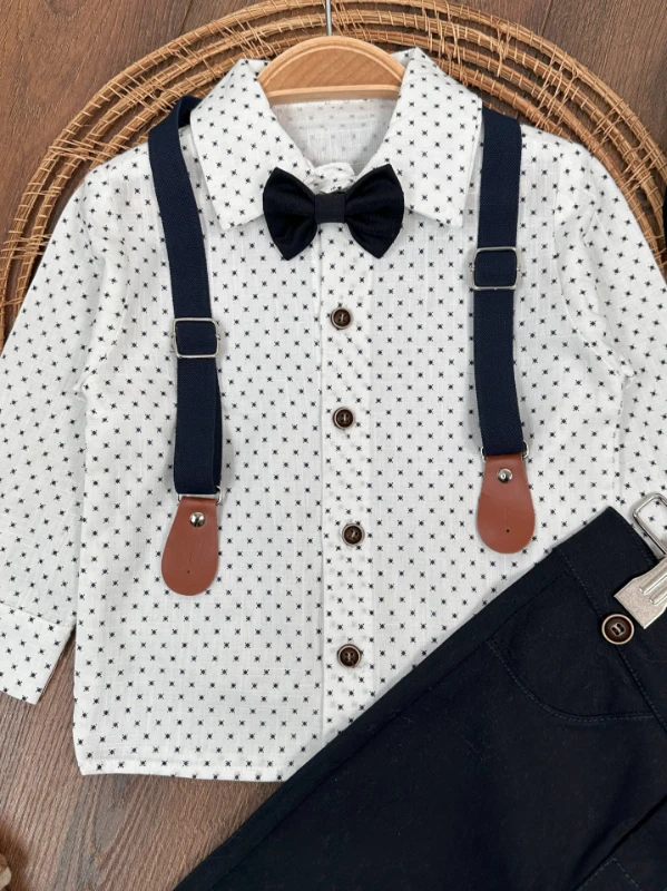 Askı Kemerli Şapkalı Papyonlu Likralı Gabardin Pantolon Keten Gömlek 5li Erkek Bebek Takım