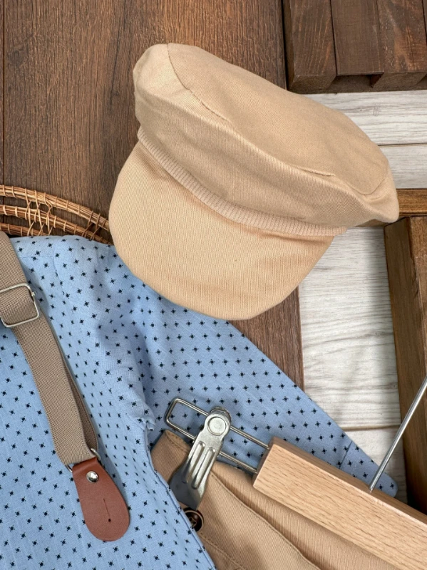 Askı Kemerli Şapkalı Papyonlu Likralı Gabardin Pantolon Keten Gömlek 5li Erkek Bebek Takım