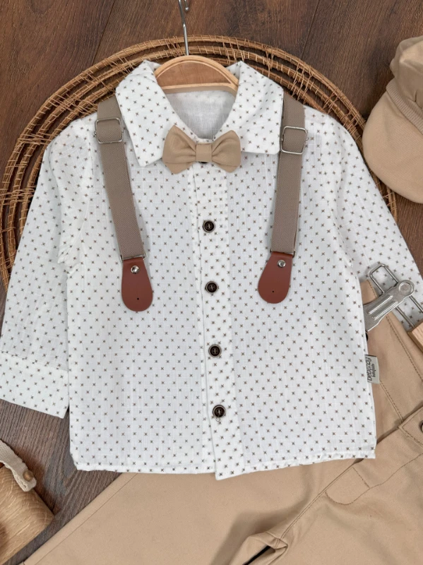 Askı Kemerli Şapkalı Papyonlu Likralı Gabardin Pantolon Keten Gömlek 5li Erkek Bebek Takım